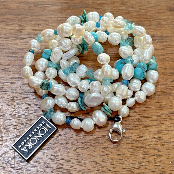 Honora Freshwater Pearl & Turquoise Bead 40” Necklace 925 Sterling Clasp NWT - Picture 4 of 5